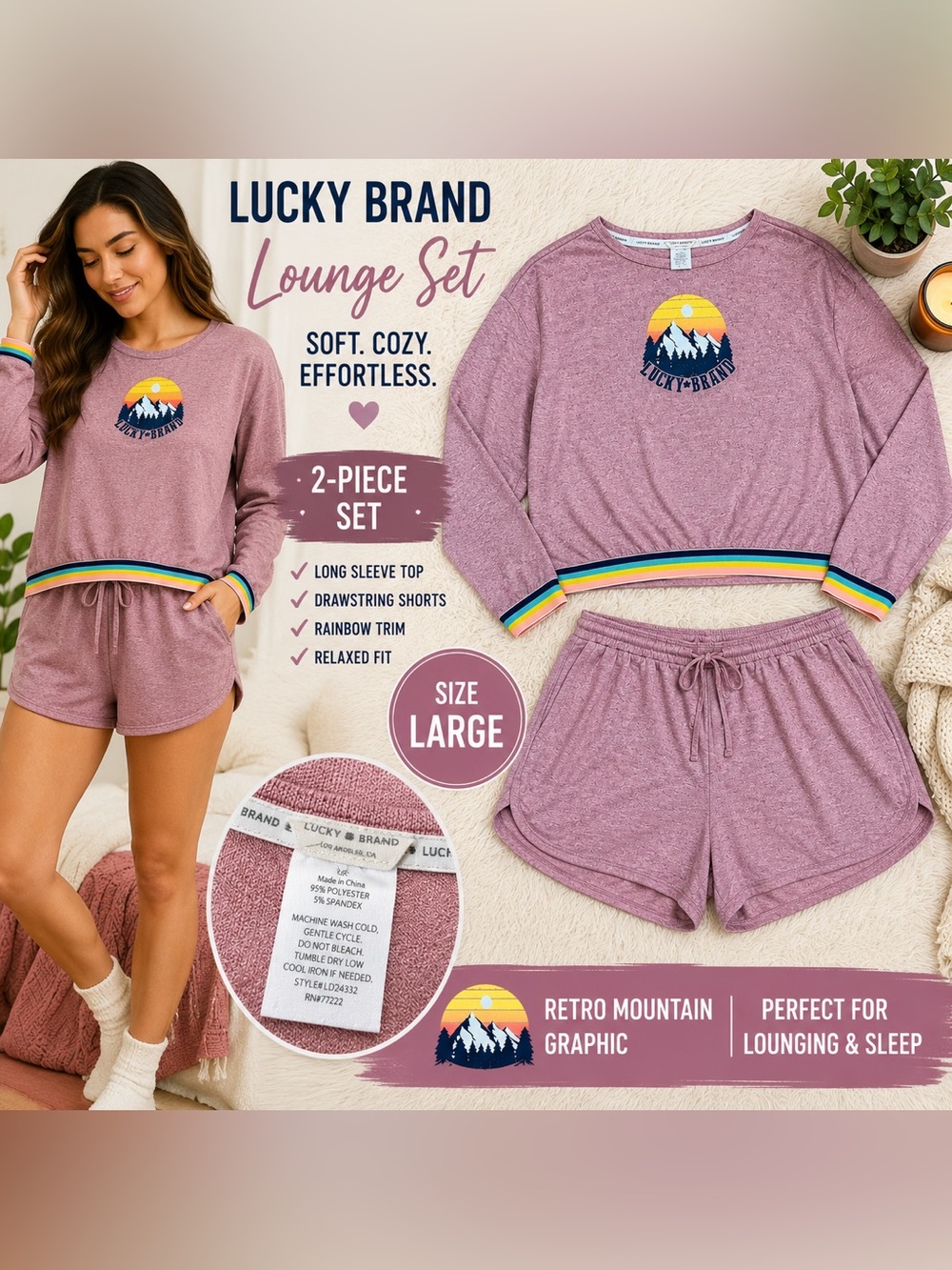 Lucky Brand 2-Piece Lounge Pajama Set Size Large Mauve Rainbow Trim